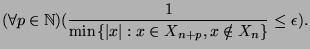 $\displaystyle (\forall p \in \mathbb{N})(\frac{1}{\min\{\vert x\vert:x\in X_{n+p},x\notin X_n\}} \leq \epsilon).$