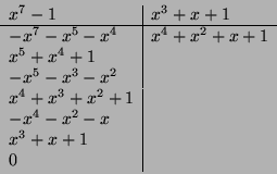 \begin{displaymath}
\begin{array}{l\vert l}
x^7 - 1 & x^3 + x + 1 \\
\hline
-x...
...+1 & \\
-x^4-x^2-x & \\
x^3+x+1 & \\
0 & \\
\end{array}\end{displaymath}