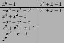 \begin{displaymath}
\begin{array}{l\vert l}
x^6 - 1 & x^3+x+1 \\
\hline
-x^6-x...
... \\
x^3+x^2+x+1 & \\
-x^3-x-1 & \\
x^2 & \\
\end{array}\end{displaymath}