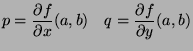 $\displaystyle p=\frac{\partial f}{\partial x}(a,b) \quad q=\frac{\partial f}{\partial y}(a,b)$