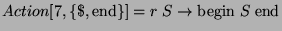 $ Action[7,\{\$,\hbox{end}\}]=r\;S\rightarrow\hbox{begin}\;S\;\hbox{end}$